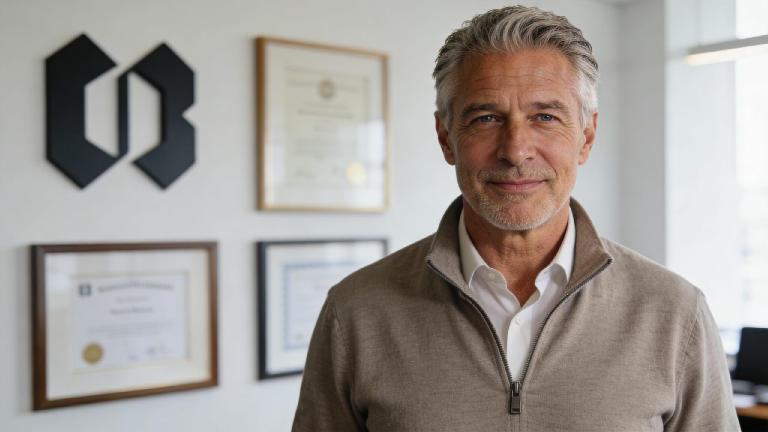 Un homme d'affaires mature et confiant souriant devant un mur orné de diplômes encadrés dans son bureau.