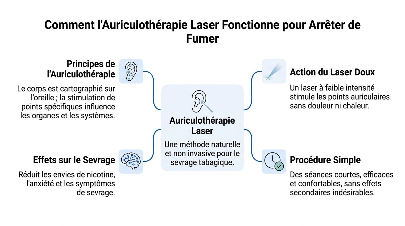 Schéma explicatif montrant comment l'auriculothérapie laser aide à arrêter de fumer par une méthode naturelle non invasive.