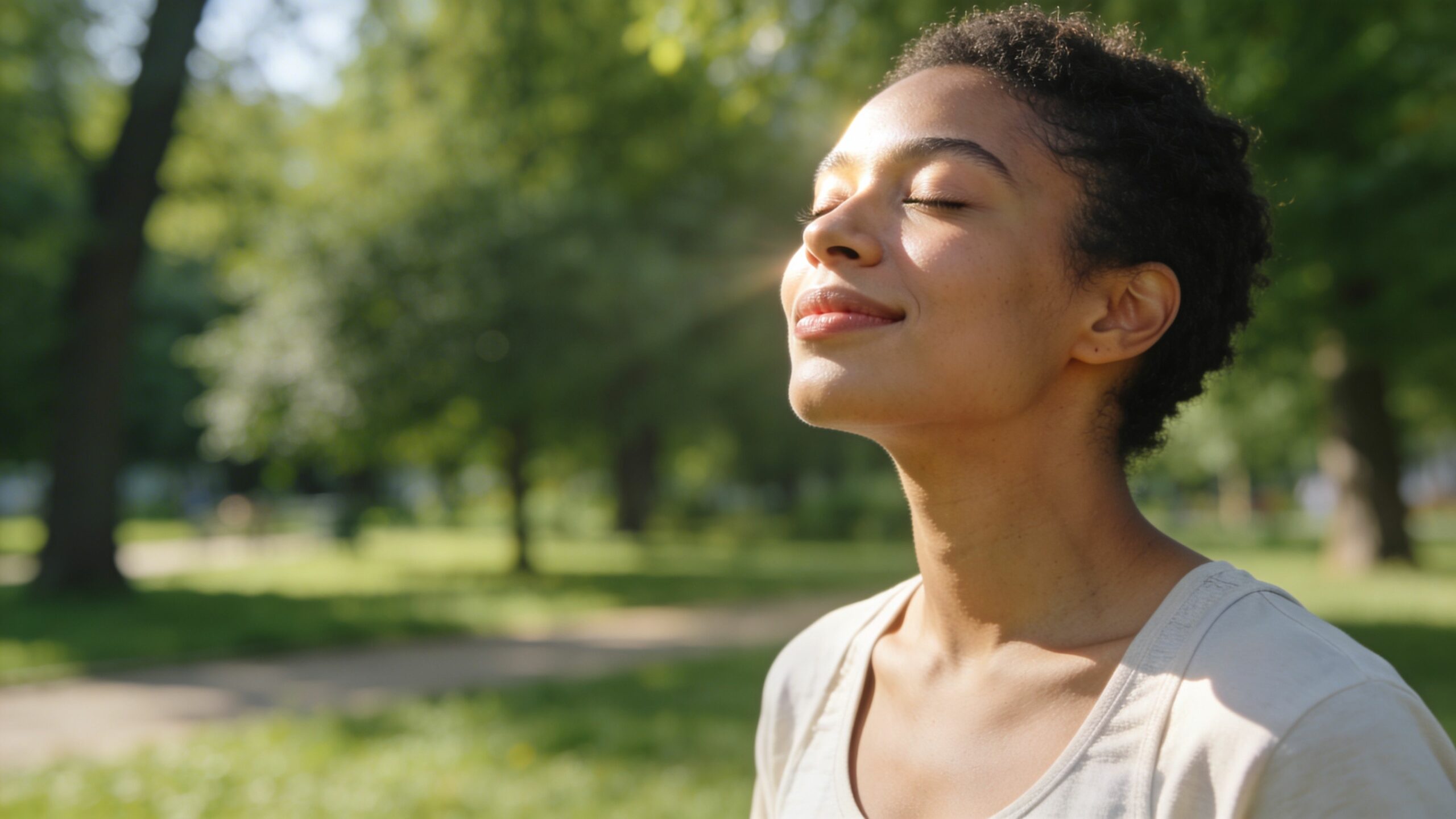 Une femme sereine respire profondément l'air frais dans un parc ensoleillé pendant une séance de méditation.
