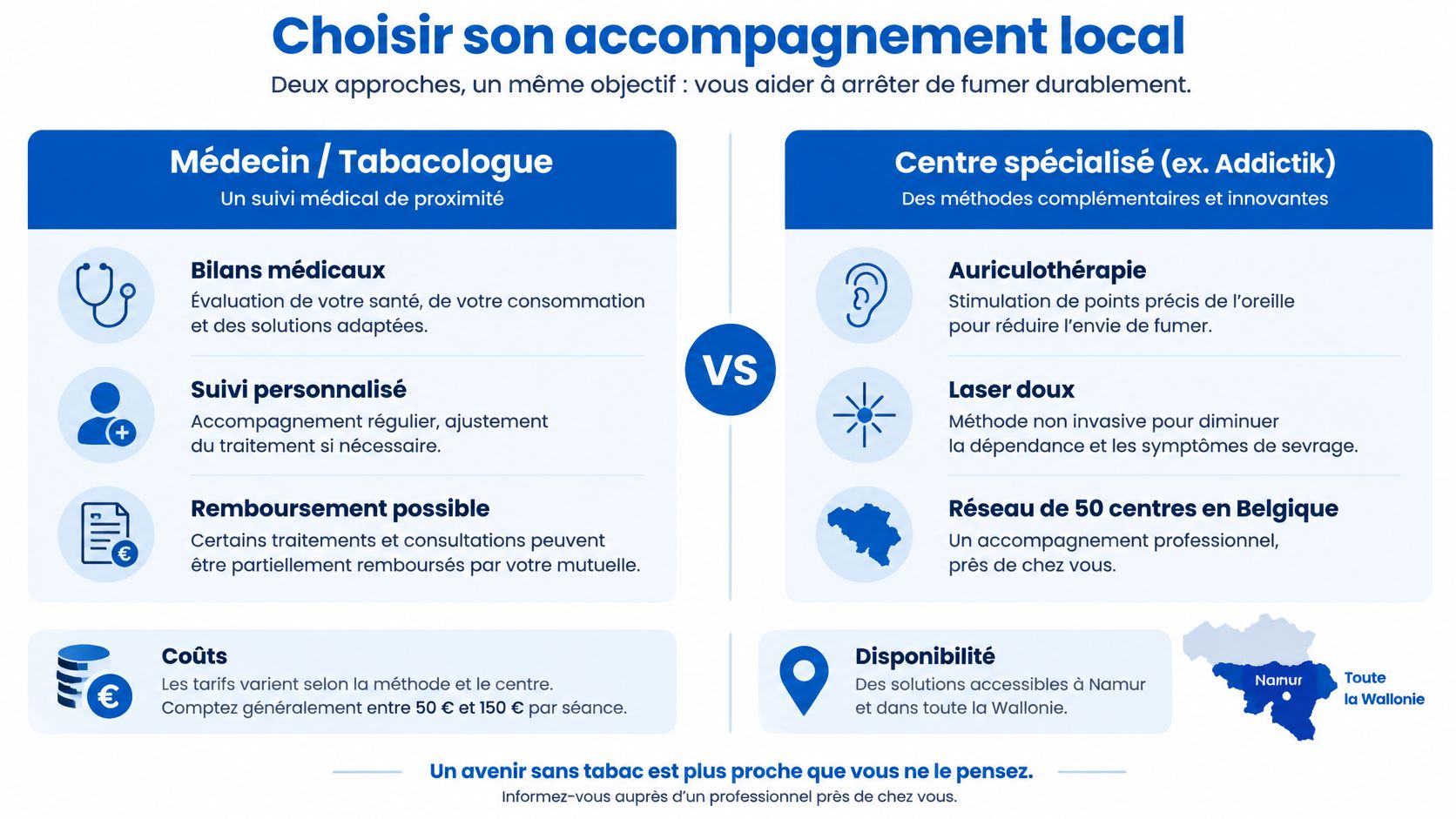Comparaison entre un suivi médical et un centre spécialisé pour arrêter de fumer à Namur et en Wallonie.