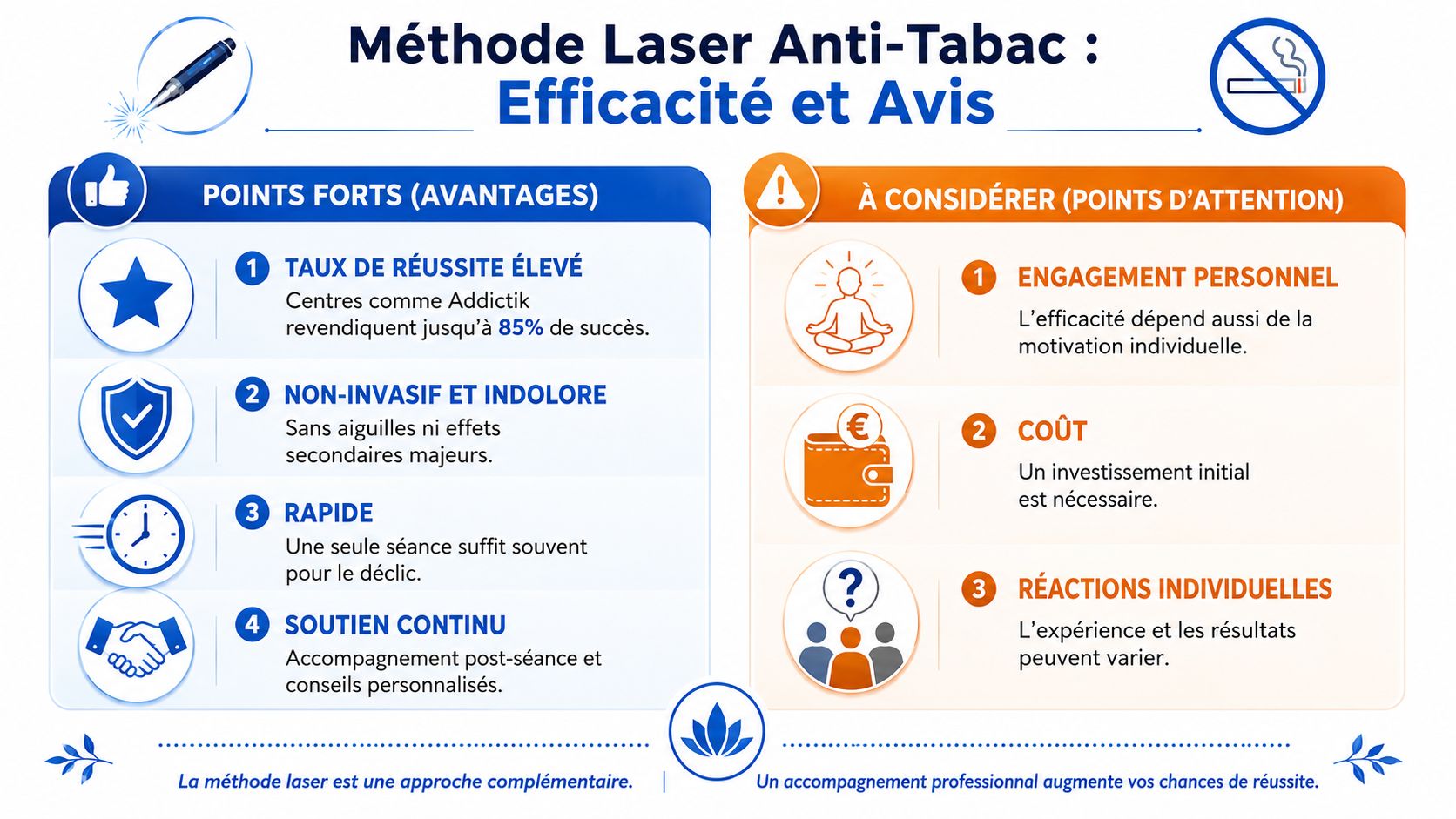 Infographie illustrant les points forts et les considérations de la méthode laser pour arrêter de fumer.