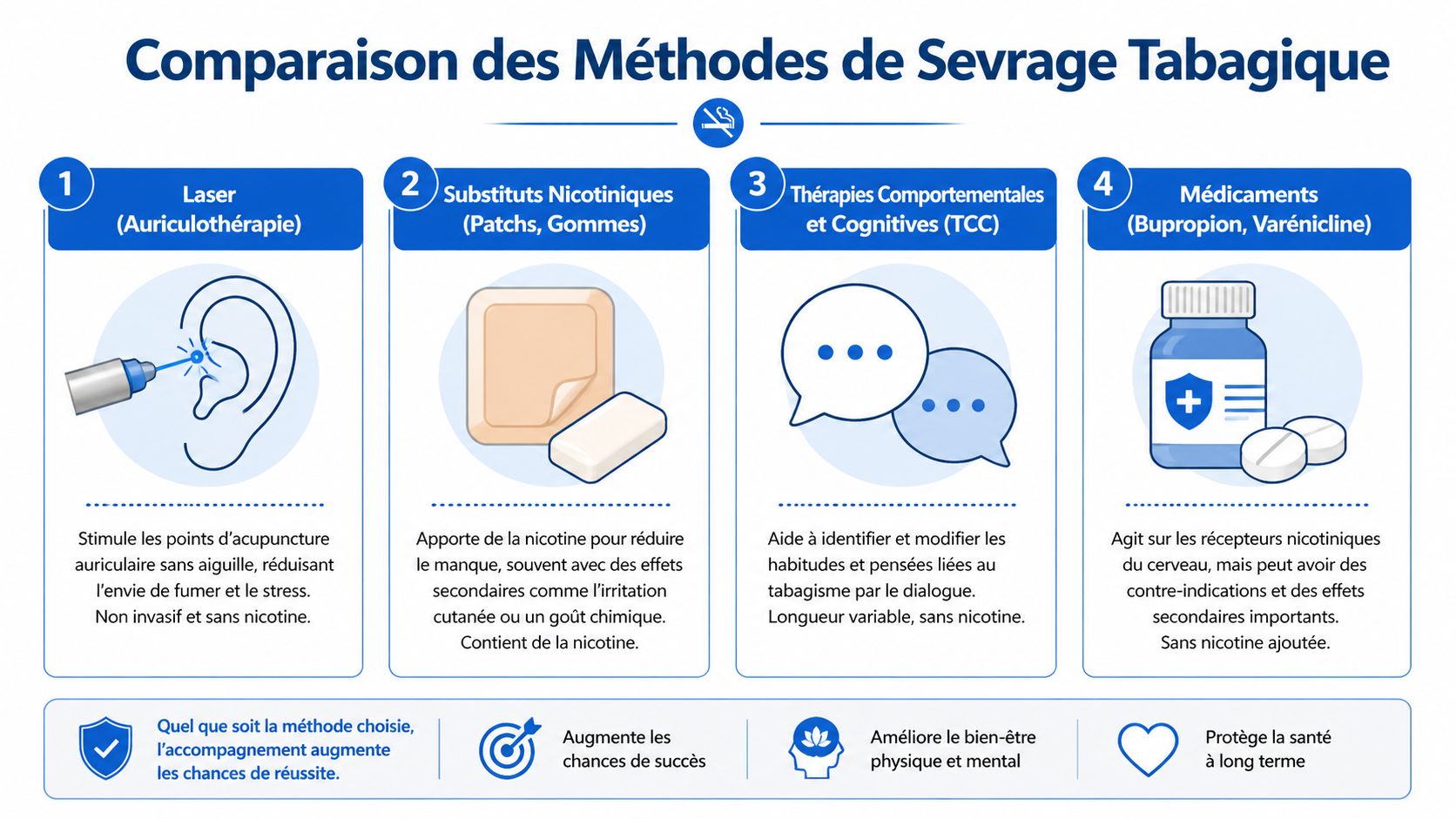 Infographie comparant quatre méthodes de sevrage tabagique : laser, substituts nicotiniques, thérapies comportementales et traitements médicamenteux.