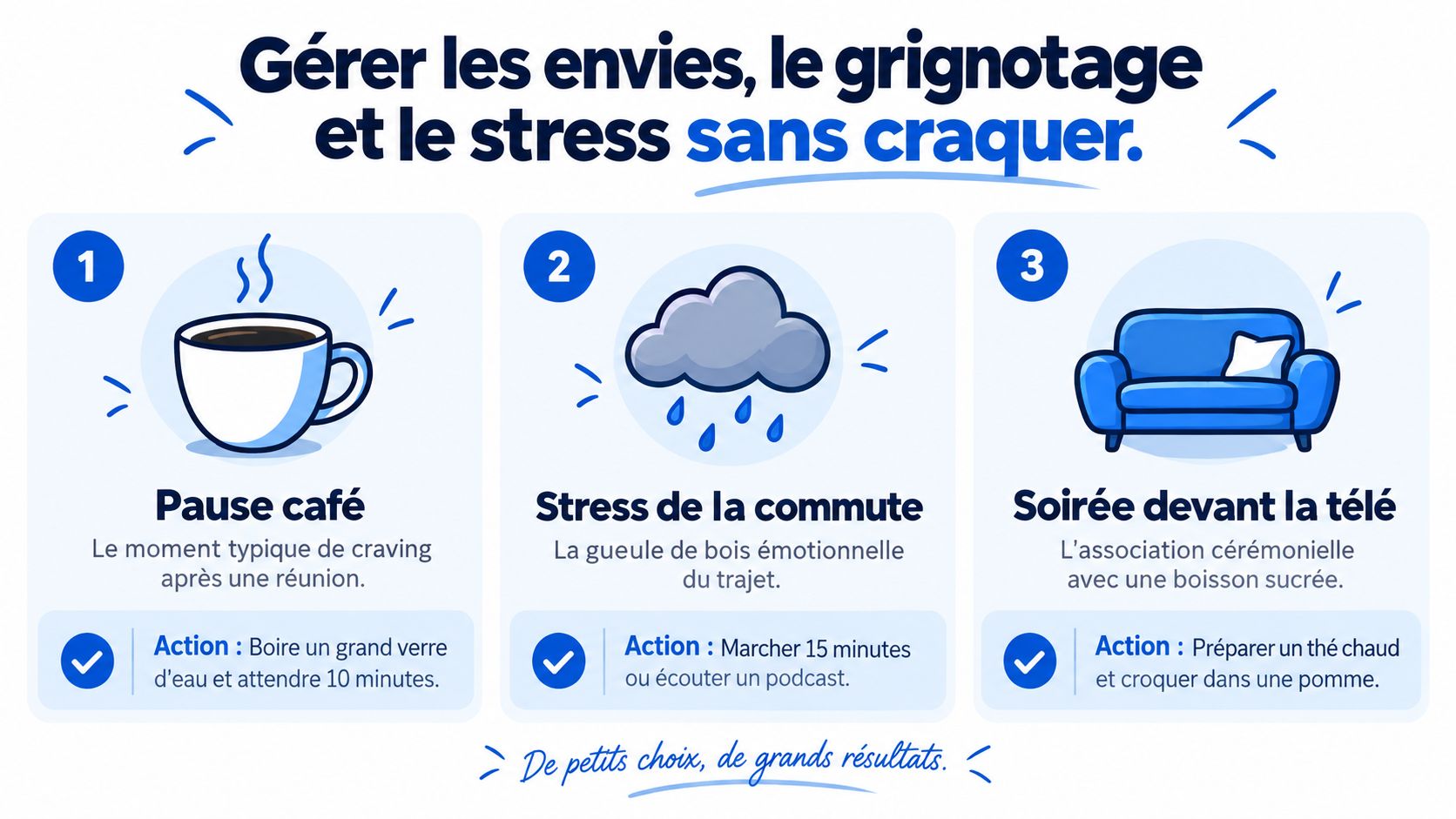 Une infographie sur trois étapes pour gérer ses envies, le grignotage et le stress au quotidien.