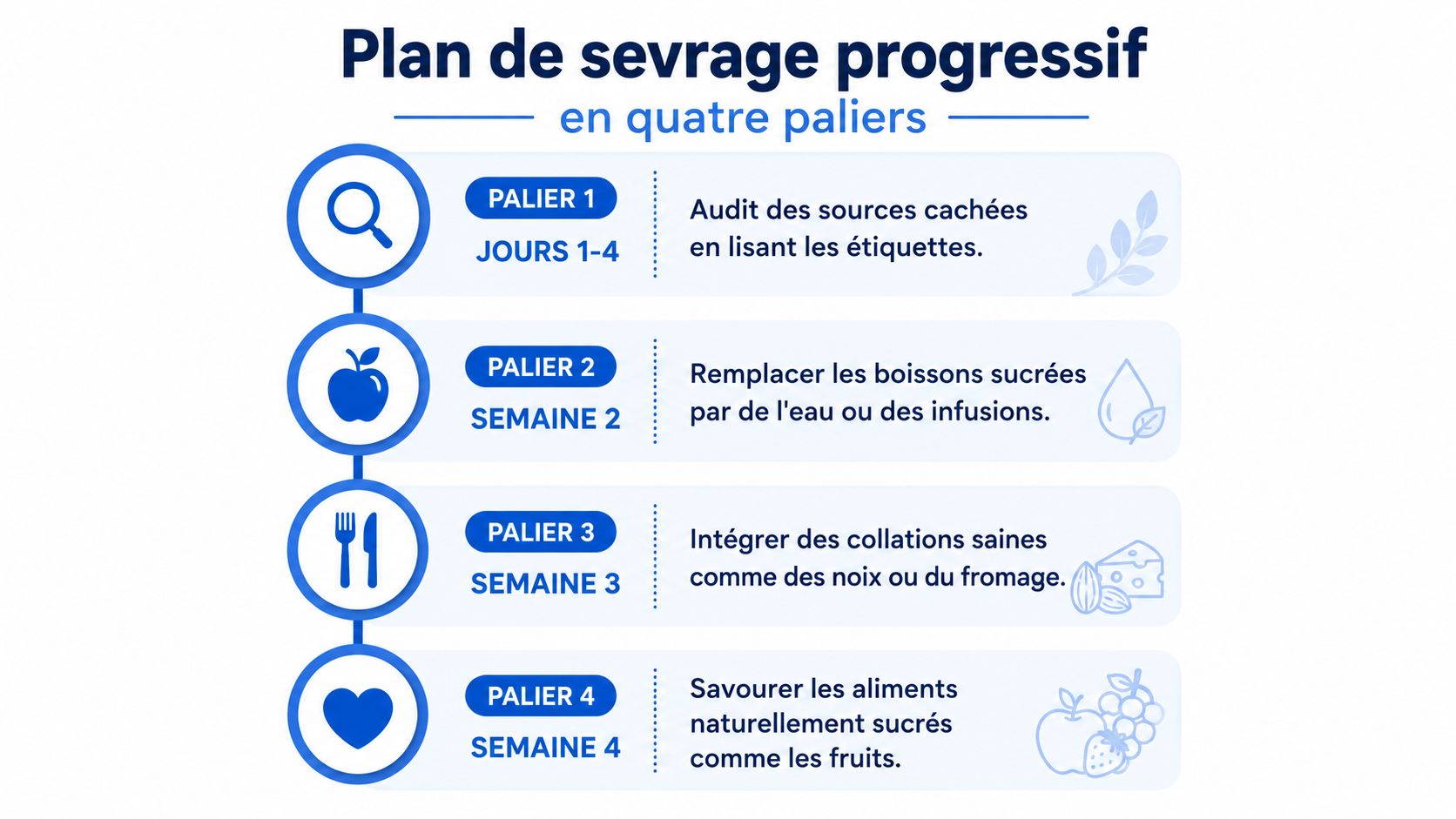 Infographie présentant un plan de sevrage progressif du sucre en quatre étapes clés pour une alimentation saine.