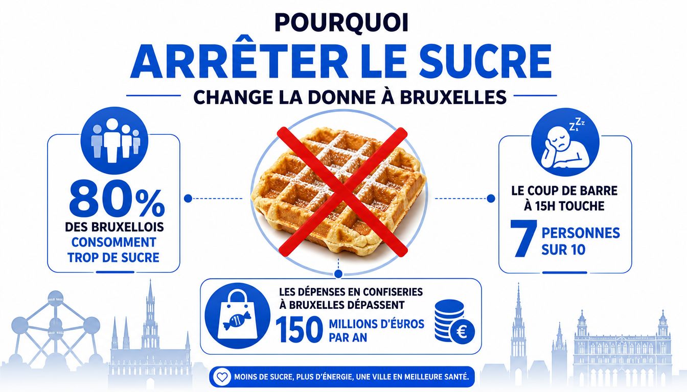 Une infographie sur les bienfaits d'arrêter le sucre pour la santé des habitants de Bruxelles.