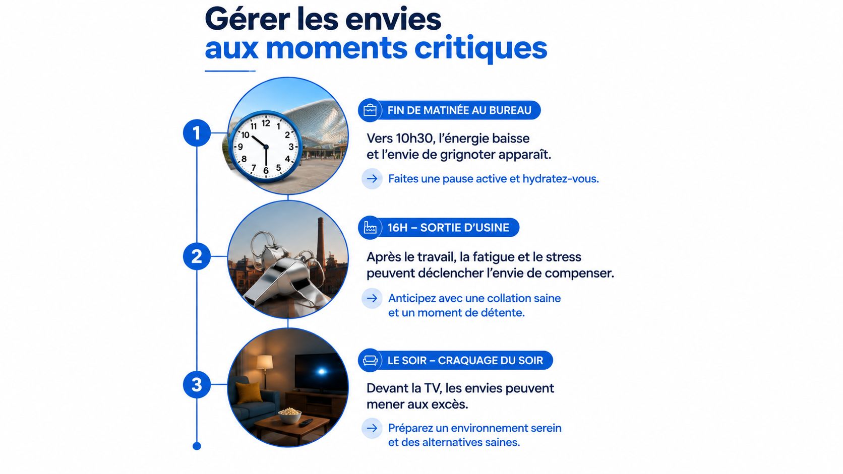 Infographie illustrant des conseils pour gérer les envies de grignotage aux différents moments de la journée.