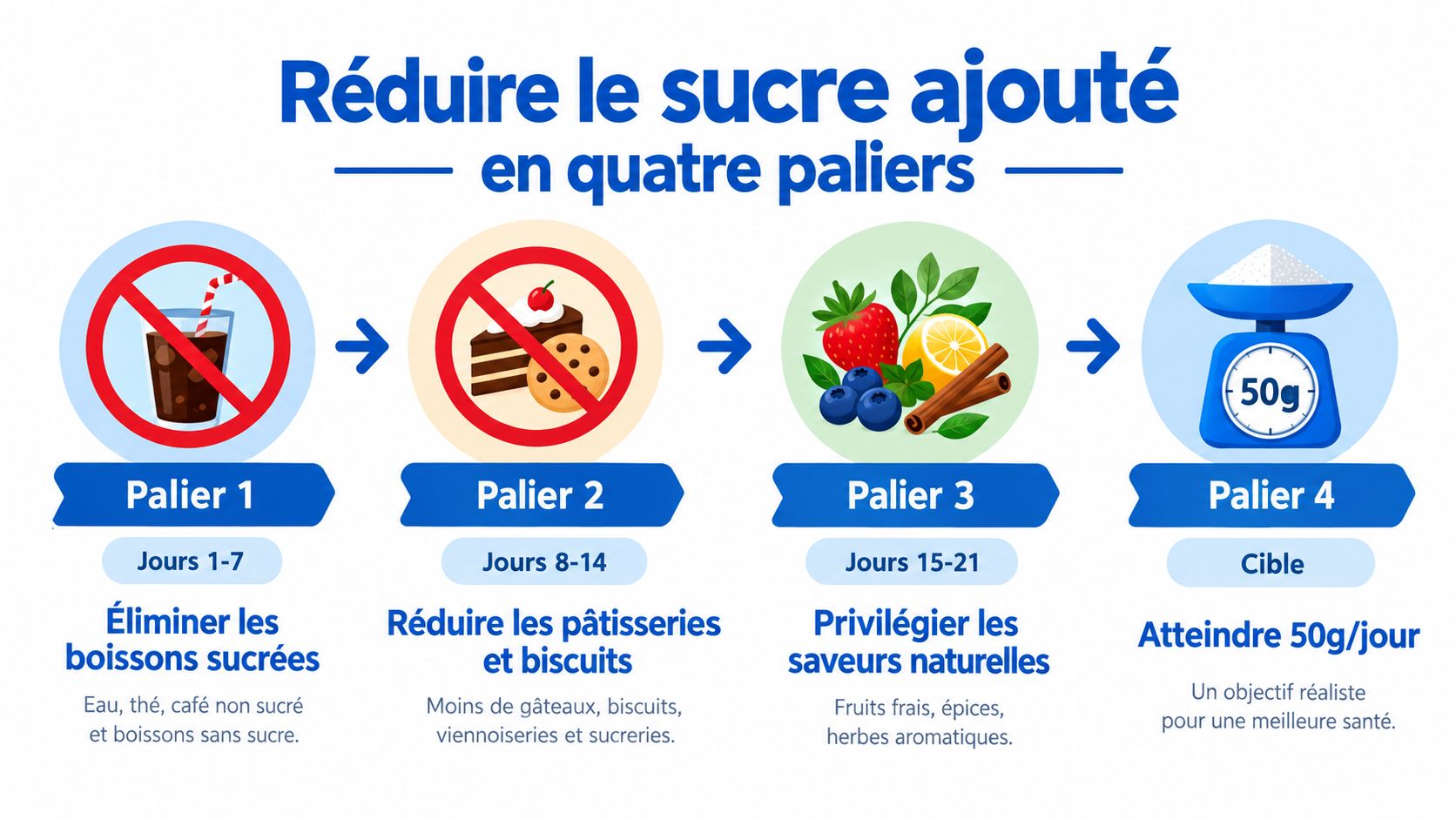Une infographie montrant un plan en quatre étapes pour réduire progressivement la consommation de sucre ajouté au quotidien.