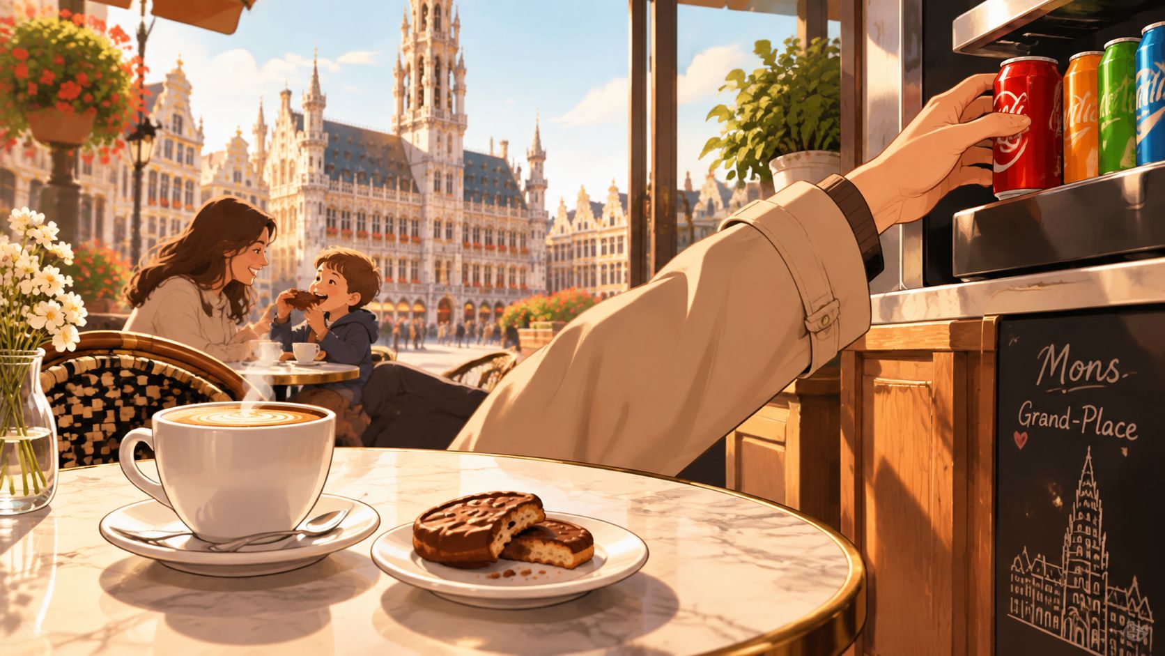 Une mère et son fils partagent un moment de détente avec des pâtisseries sur la Grand-Place de Mons.