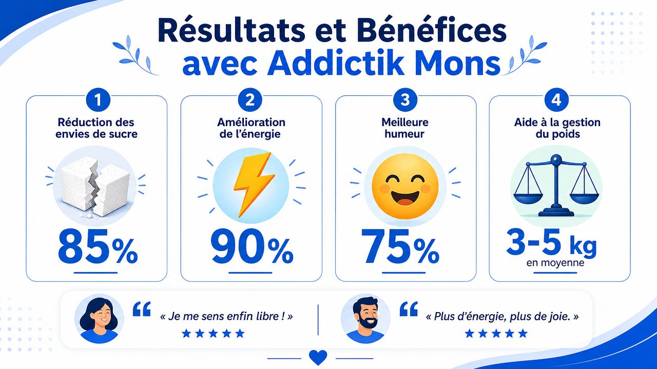 Infographie présentant les quatre bénéfices majeurs du programme Addictik Mons incluant la réduction des envies de sucre.
