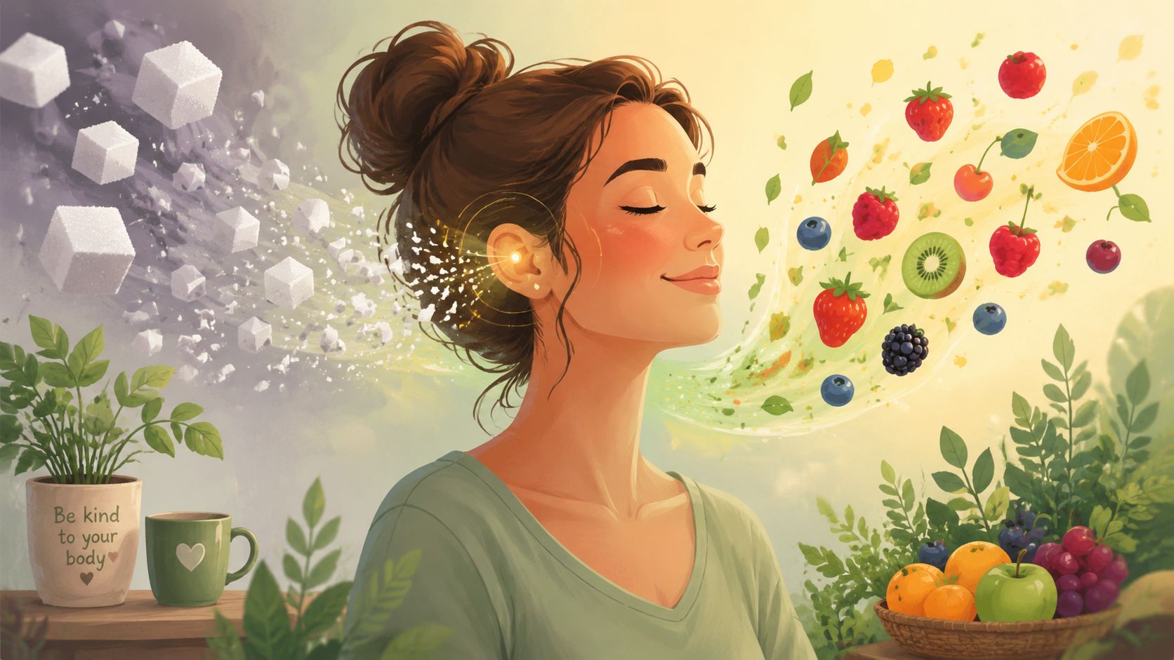 Une femme sereine choisit des fruits sains plutôt que des sucres raffinés pour son bien-être général.