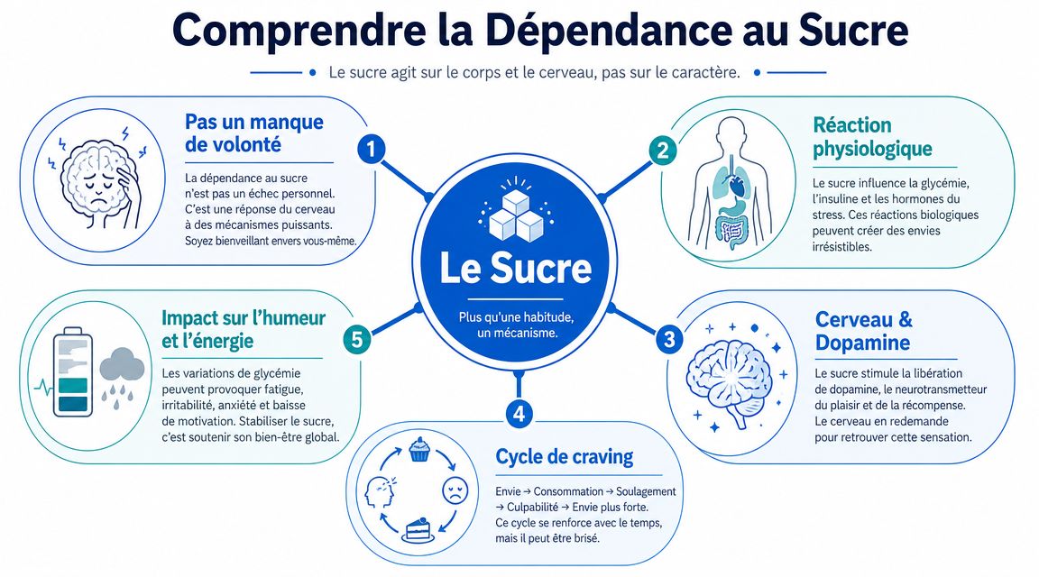 Infographie explicative sur les mécanismes biologiques de la dépendance au sucre dans le cerveau et le corps.