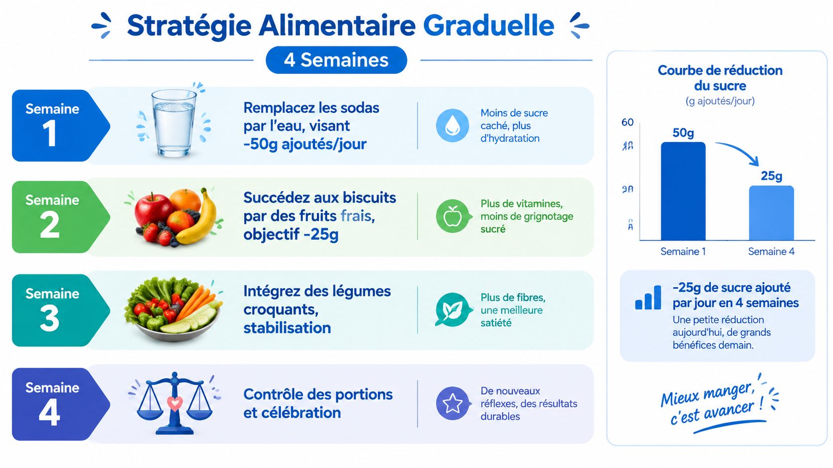 Une infographie en français présentant une stratégie alimentaire graduelle de quatre semaines pour réduire le sucre ajouté.