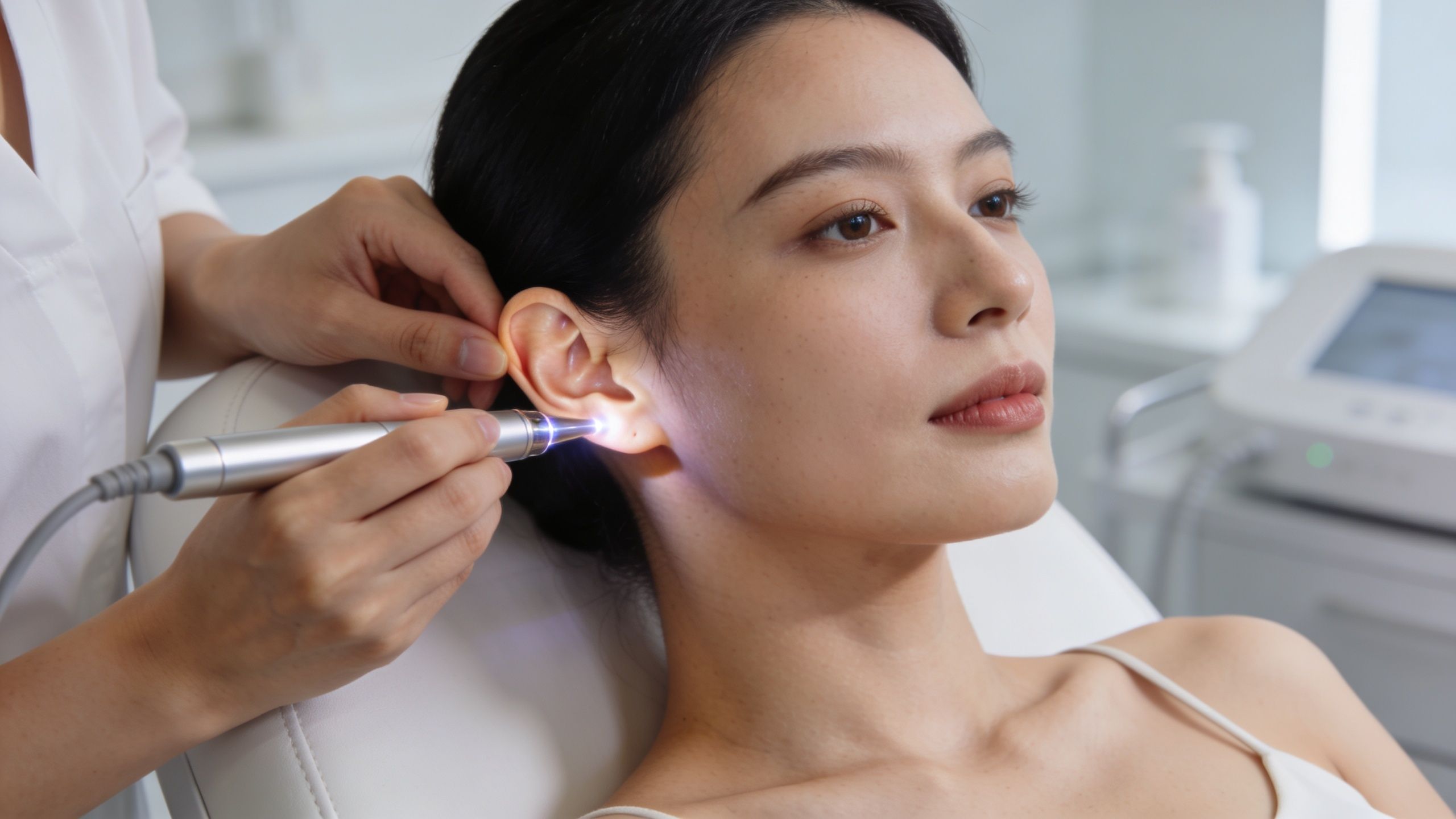 Une esthéticienne effectue un soin du visage au laser sur une jeune femme dans une clinique esthétique.