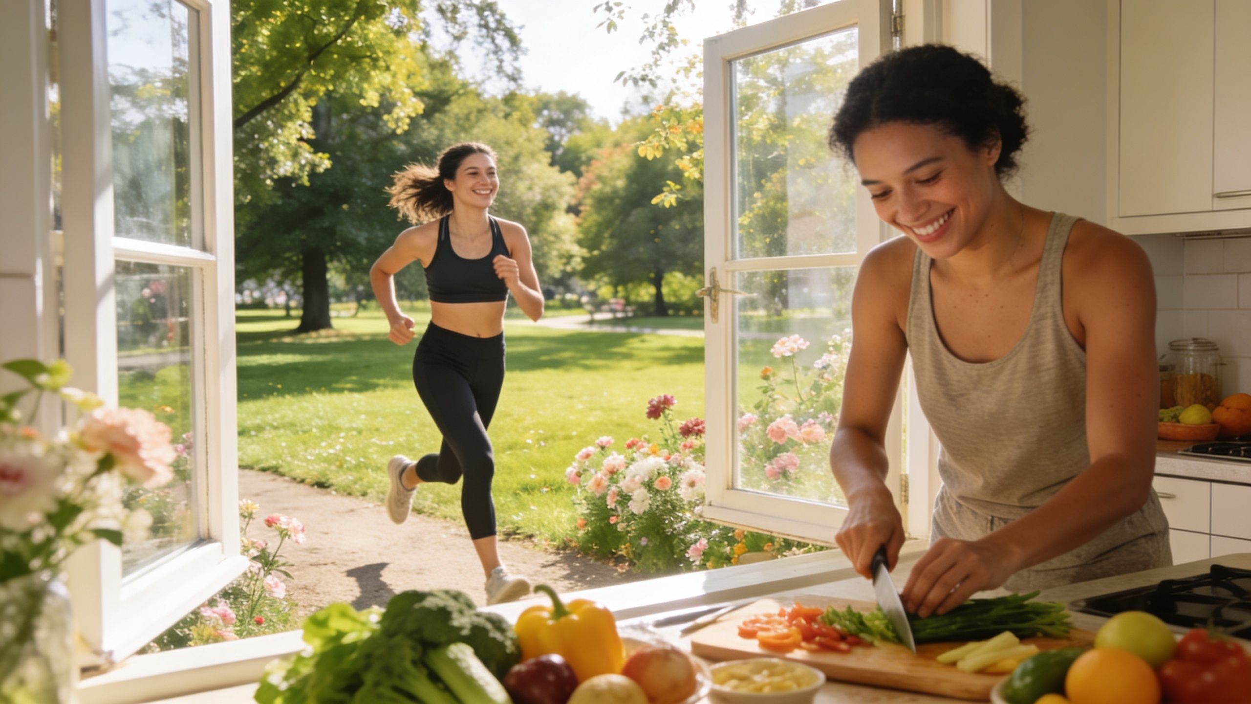Une femme sourit en préparant une salade saine dans sa cuisine pendant qu'une autre fait du sport dehors.