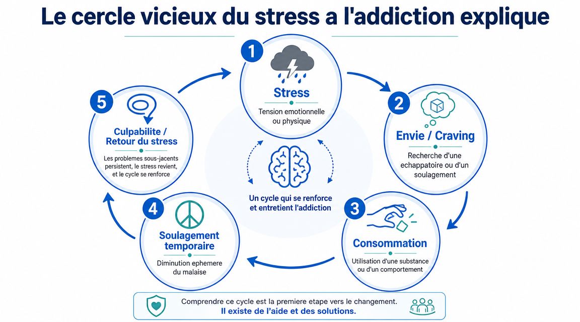 Schéma illustrant le cercle vicieux du stress menant à l'addiction et les étapes du processus comportemental.