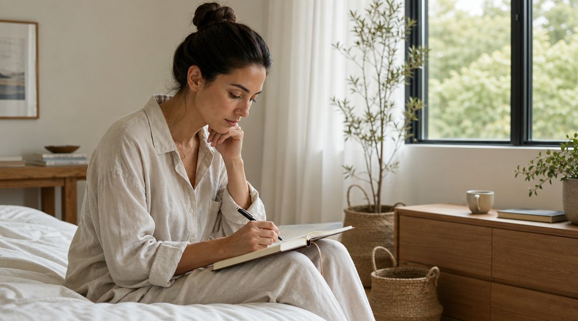 Une femme sereine écrivant dans un carnet de notes tout en étant assise confortablement sur son lit