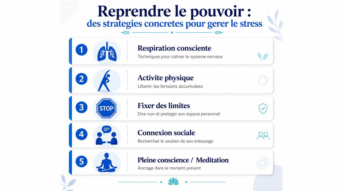 Une infographie listant cinq stratégies concrètes pour gérer le stress, incluant la respiration, le sport et la méditation.