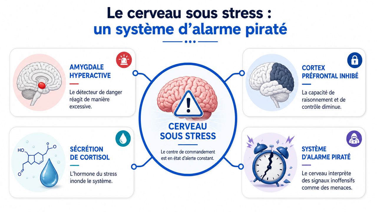 Schéma explicatif montrant comment le stress affecte le fonctionnement du cerveau et son système d'alarme interne.