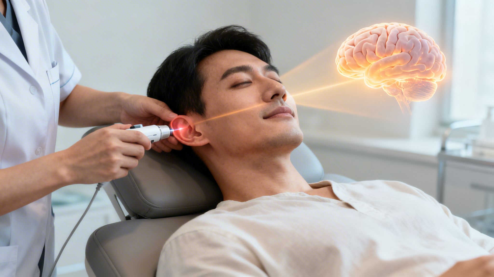 Un thérapeute administre une auriculothérapie par lumière à un patient, avec un faisceau ciblant une représentation du cerveau.
