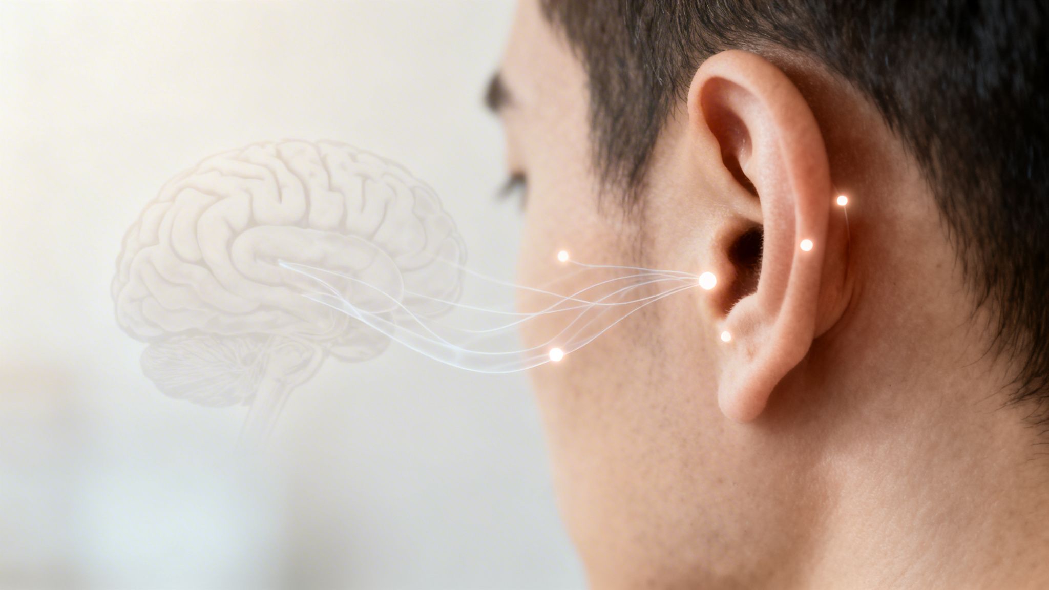 Oreille humaine avec points lumineux et lignes connectées au cerveau, illustrant l'auriculothérapie.