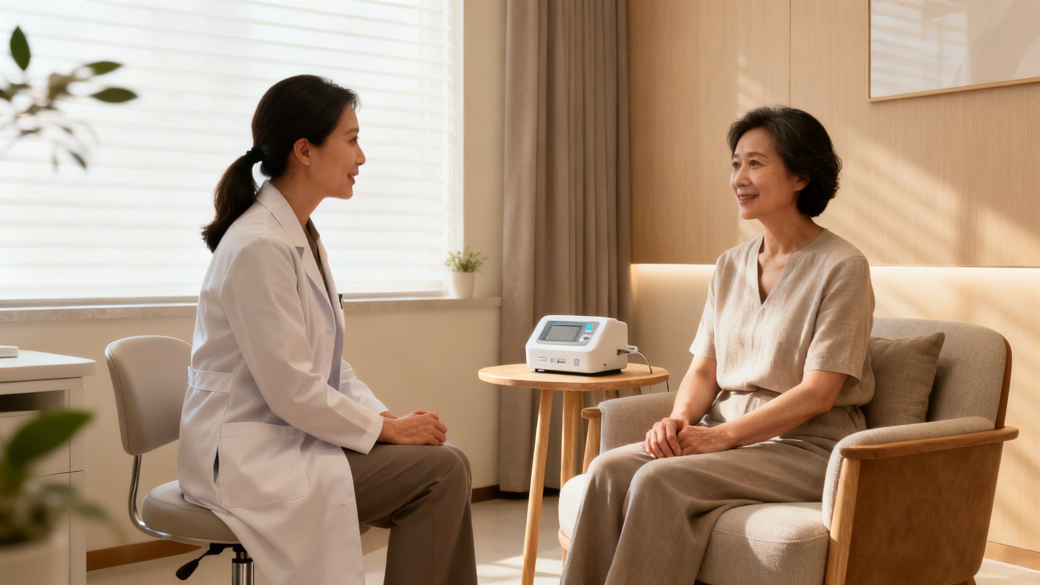 Une femme médecin asiatique converse avec une patiente âgée lors d'une consultation en cabinet médical.