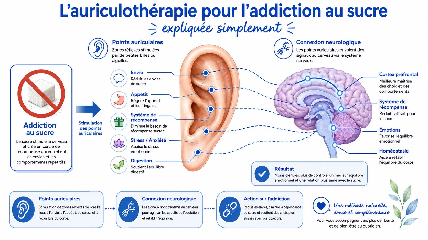 Infographie explicative sur le fonctionnement de l'auriculothérapie pour aider à réduire l'addiction au sucre au quotidien.