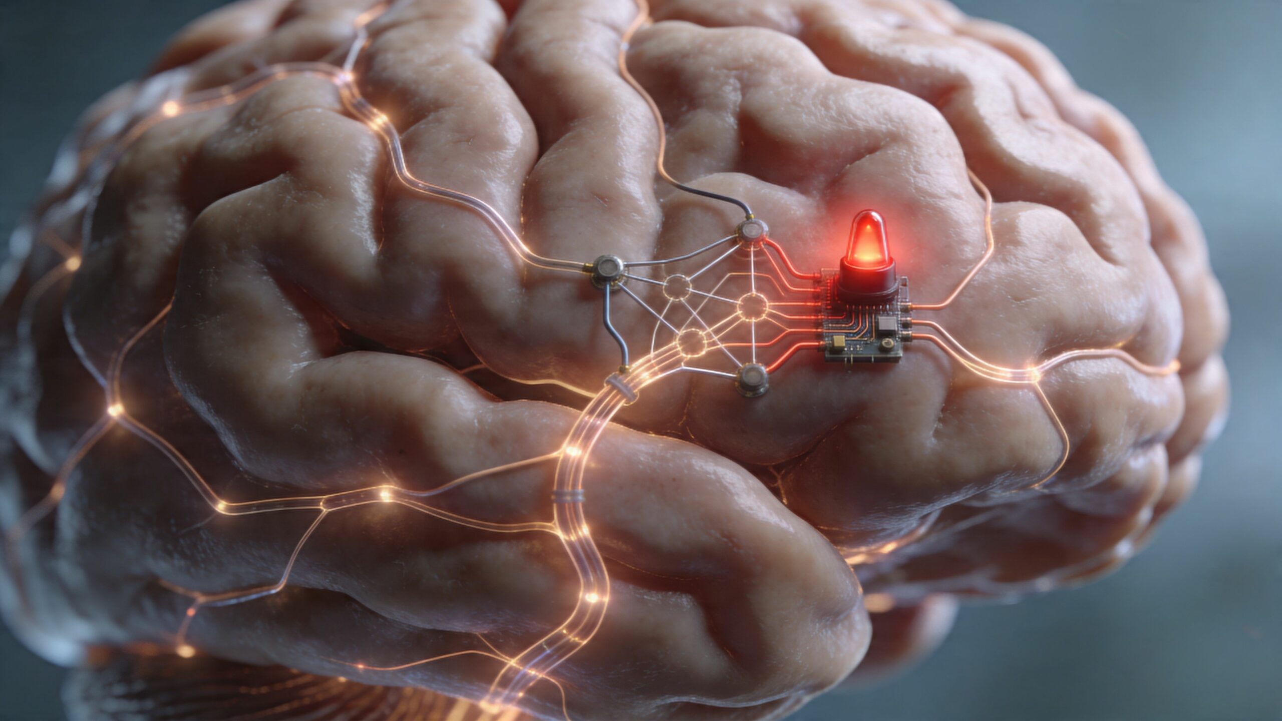 Représentation visuelle d'un cerveau humain avec une puce électronique connectée émettant un signal lumineux rouge