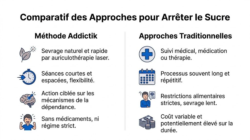 Comparaison entre la méthode Addictik par laser et les approches médicales traditionnelles pour arrêter de consommer du sucre.