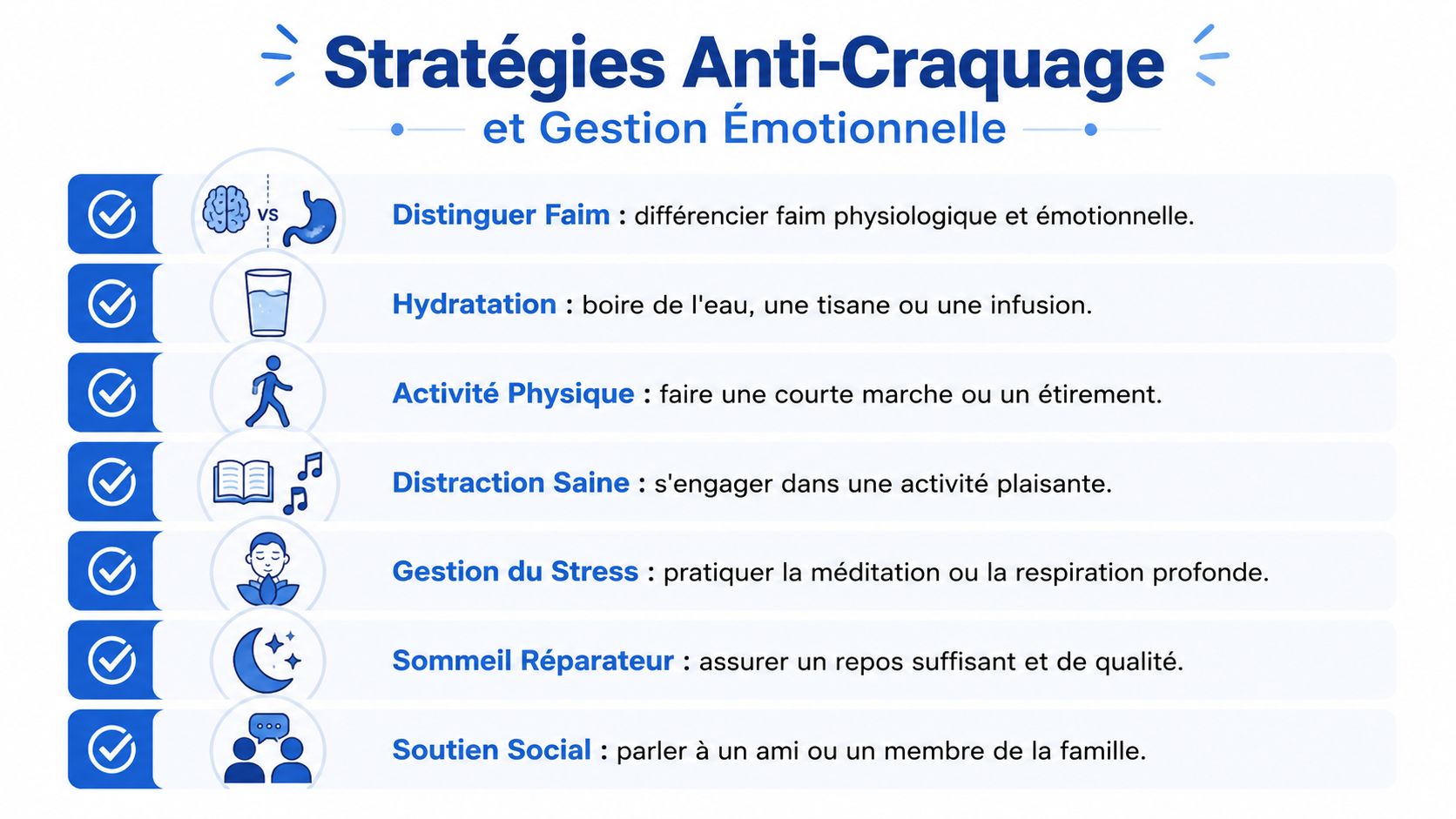 Addiction au sucre : comment arrêter définitivement sans frustration 3 Une infographie présentant sept stratégies anti-craquage pour gérer les émotions et éviter les fringales alimentaires.