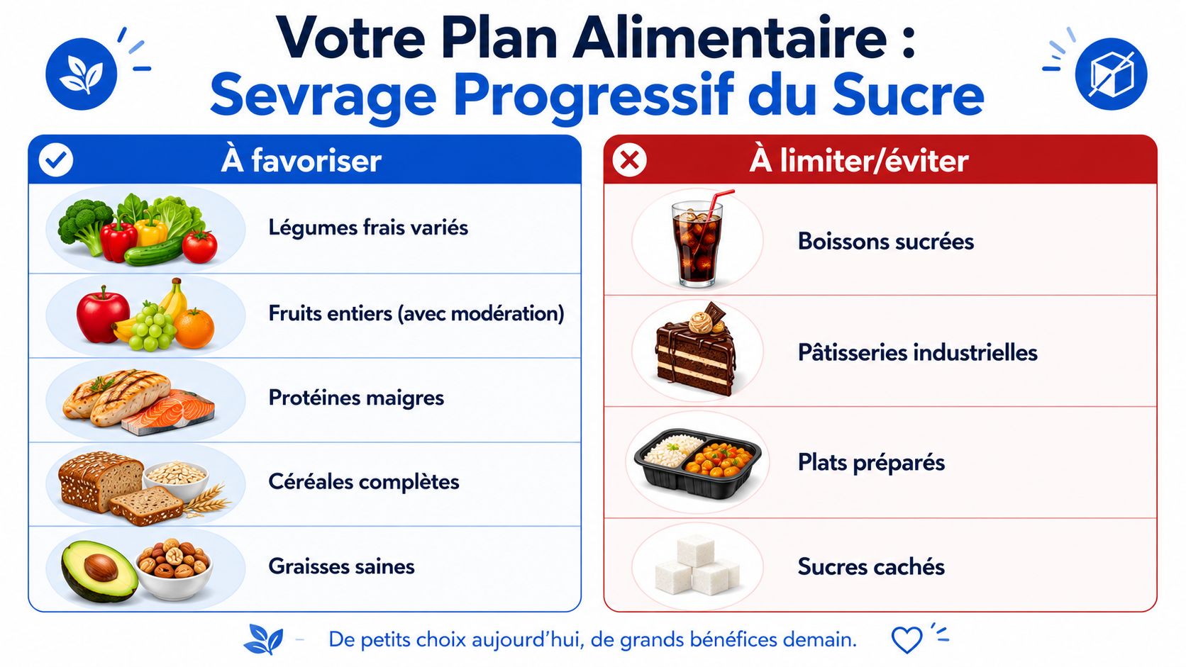 Addiction au sucre : comment arrêter définitivement sans frustration 2 Tableau comparatif illustrant des aliments sains à privilégier et des aliments sucrés à éviter pour votre alimentation.