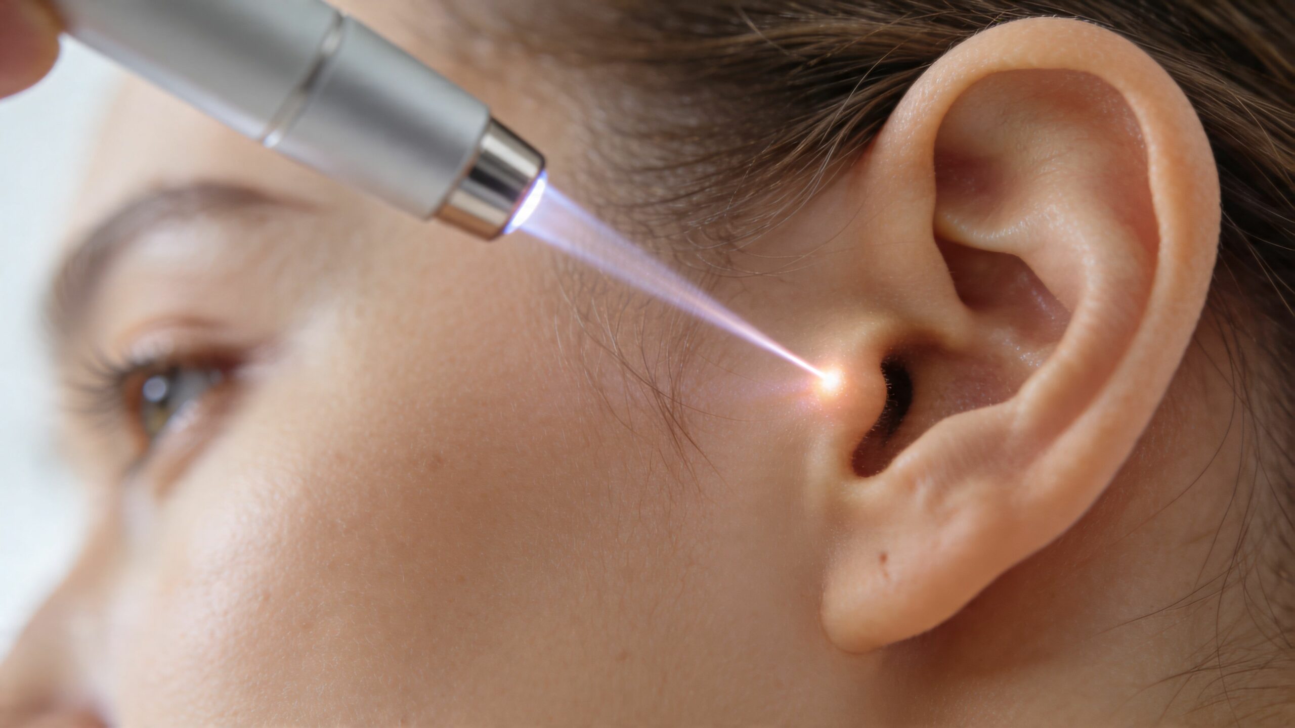 Un appareil émettant un faisceau laser bleu effectuant un traitement thérapeutique sur l'oreille d'une patiente.