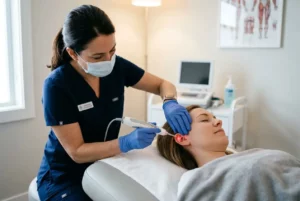 Thérapie laser dépendance drogue: une praticienne en blouse et masque effectue une séance d'auriculothérapie laser sur une femme allongée, appareil posé à l’oreille.