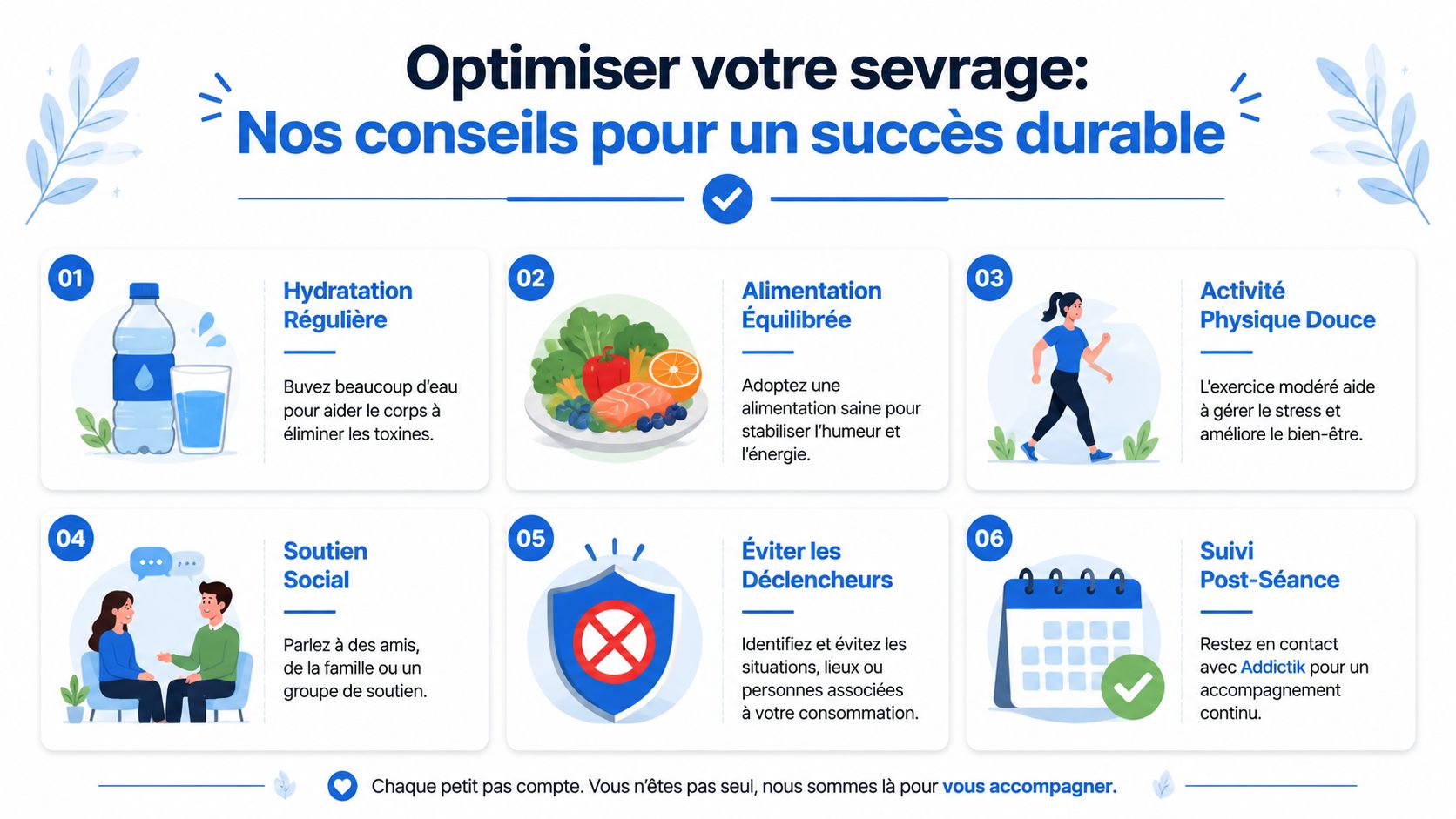 Infographie montrant six conseils essentiels pour optimiser un sevrage réussi et durable pour améliorer la santé.