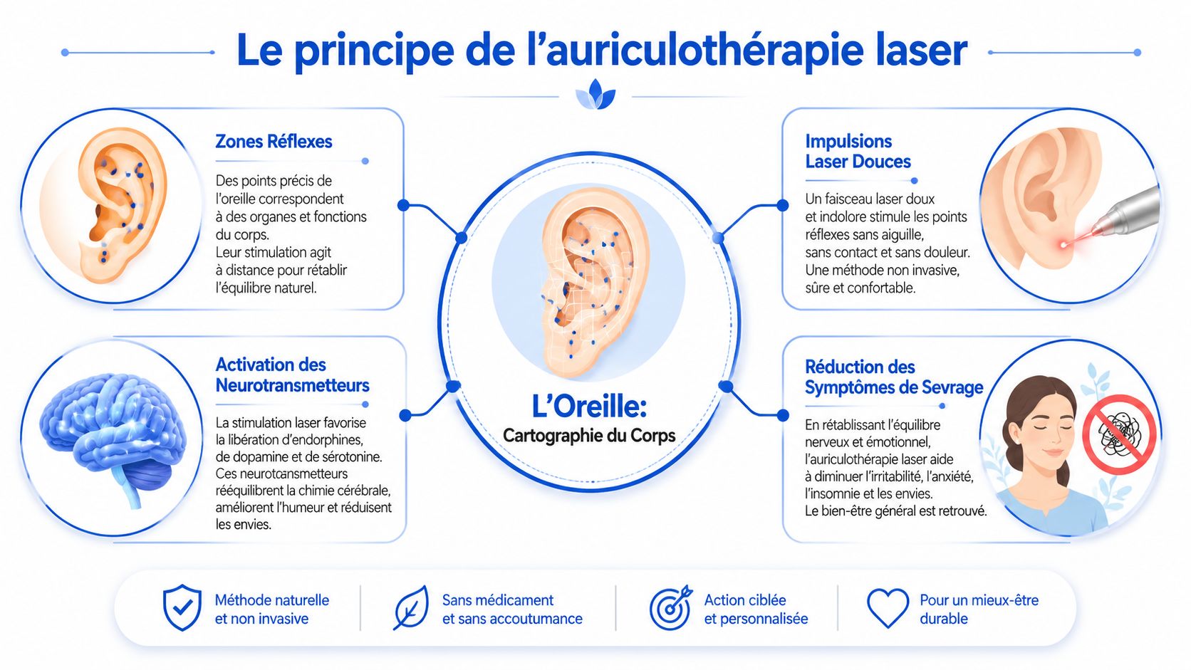 Infographie illustrant le principe de l'auriculothérapie laser pour traiter les addictions et rééquilibrer les fonctions du corps.