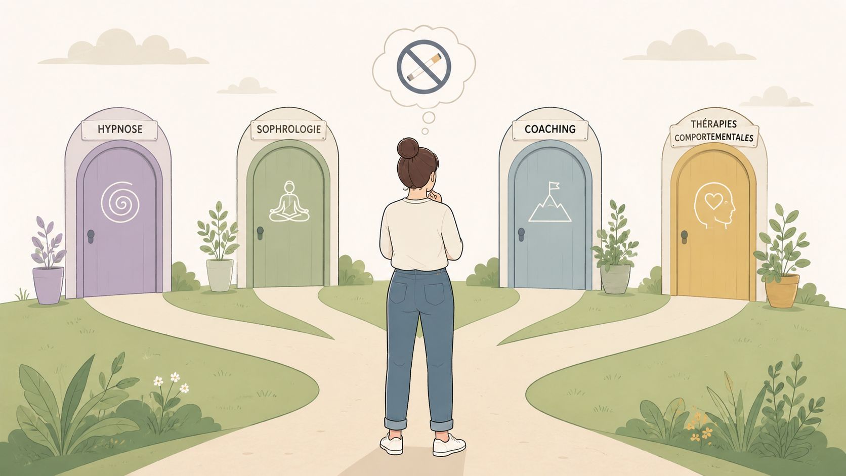 Traitement dépendance nicotine sans substitut ni médicament 4 Une femme hésite devant quatre portes représentant diverses méthodes pour arrêter de fumer sans médicaments.