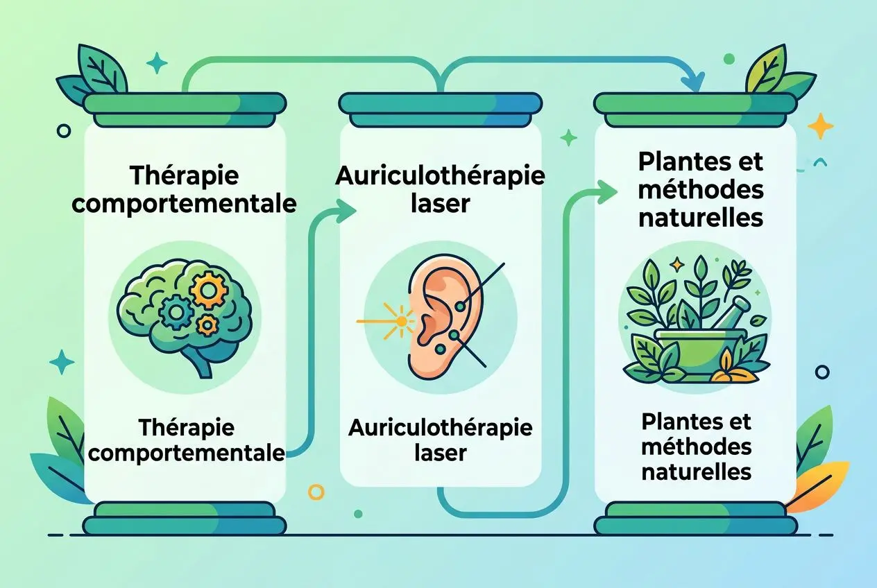 Arrêter le cannabis après 20 ans : guide du sevrage cannabique 4 Trois tubes illustrés présentant des options de sevrage: thérapie comportementale, auriculothérapie laser et plantes/méthodes naturelles, avec un cheminement entre les sections. arrête le cannabis après 20 ans est évoqué indirectement.