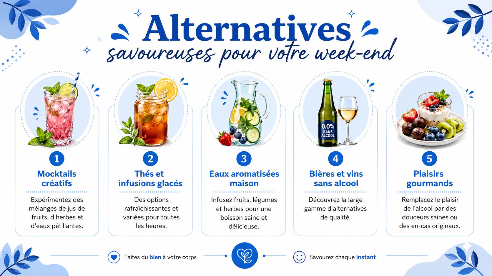 Une illustration montrant cinq alternatives saines et sans alcool pour profiter agréablement de son week-end.