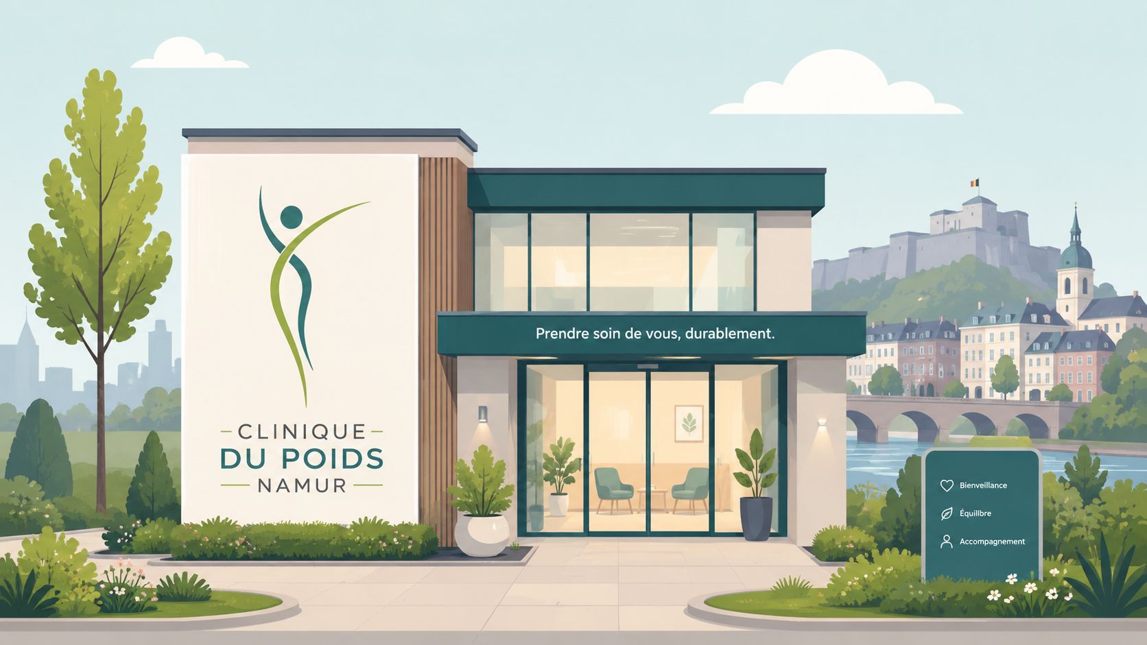 Façade moderne de la Clinique du Poids à Namur entourée de verdure avec le château en arrière-plan.