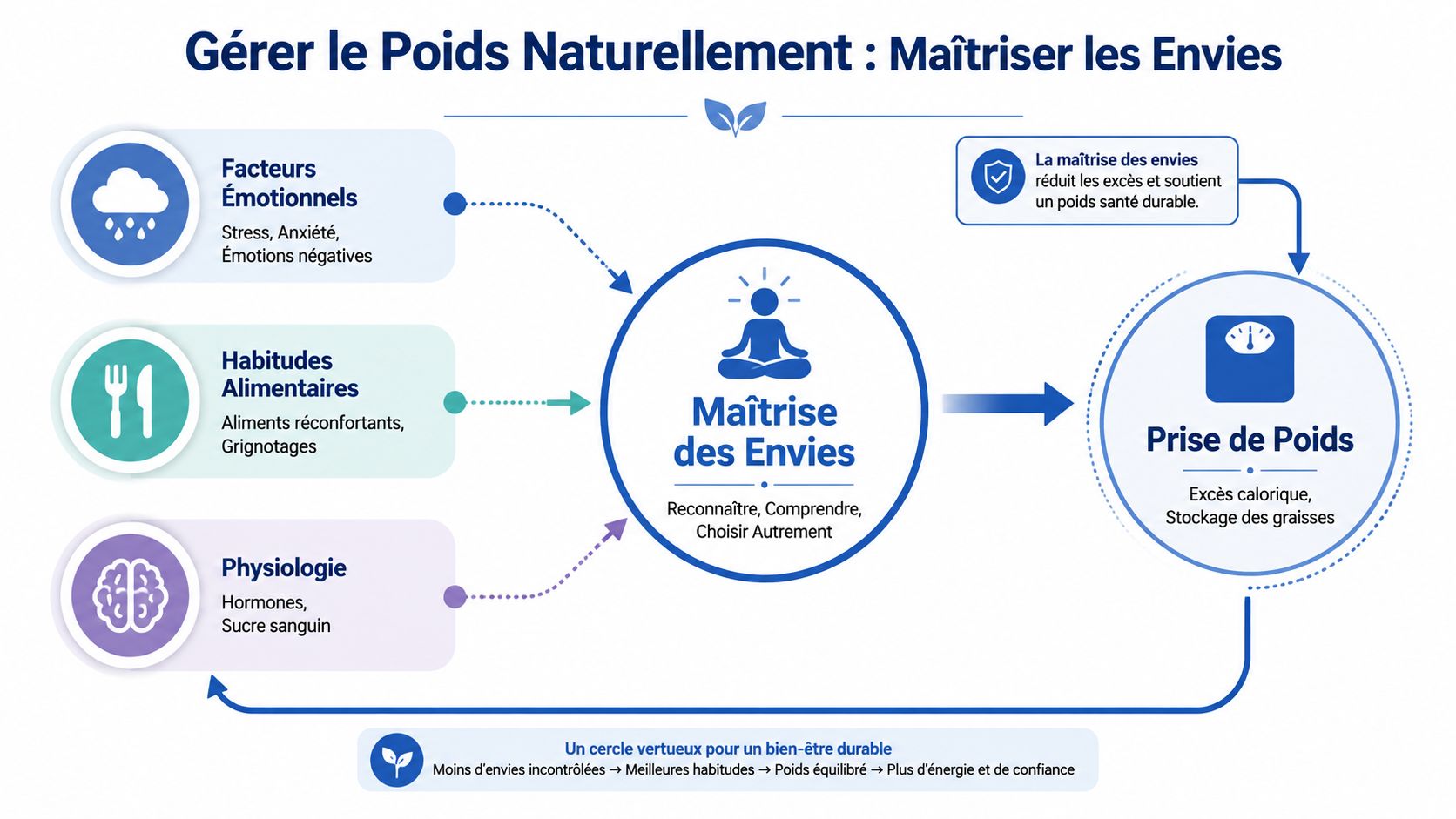 Schéma explicatif sur la gestion naturelle du poids en maîtrisant les envies alimentaires et les facteurs émotionnels.