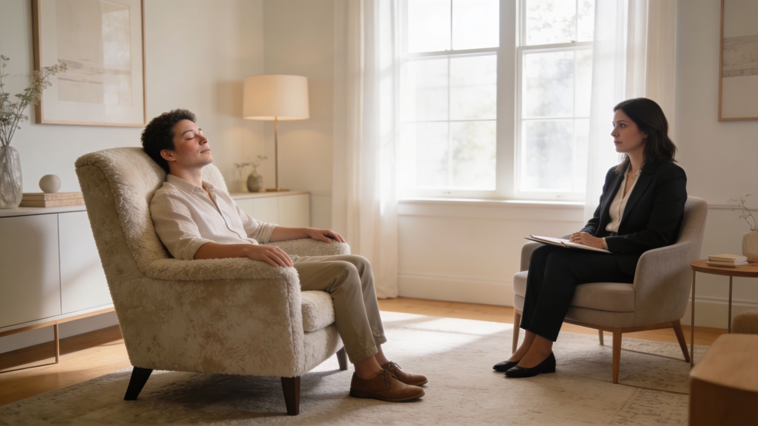 Une séance d'hypnose thérapeutique se déroule entre un patient détendu sur un fauteuil et son praticien.