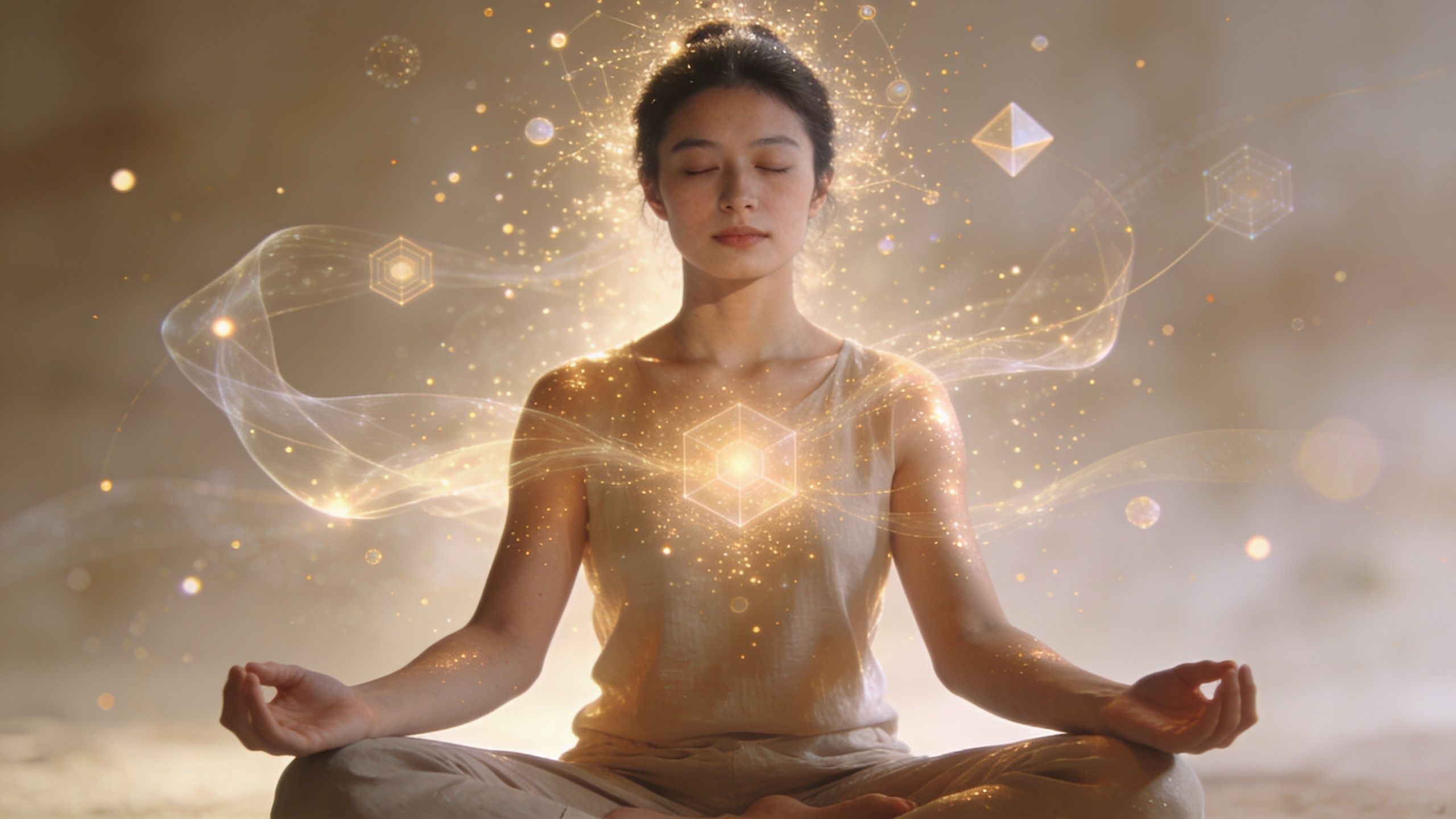 Une femme pratiquant la méditation avec des effets lumineux abstraits représentant une énergie spirituelle apaisante.