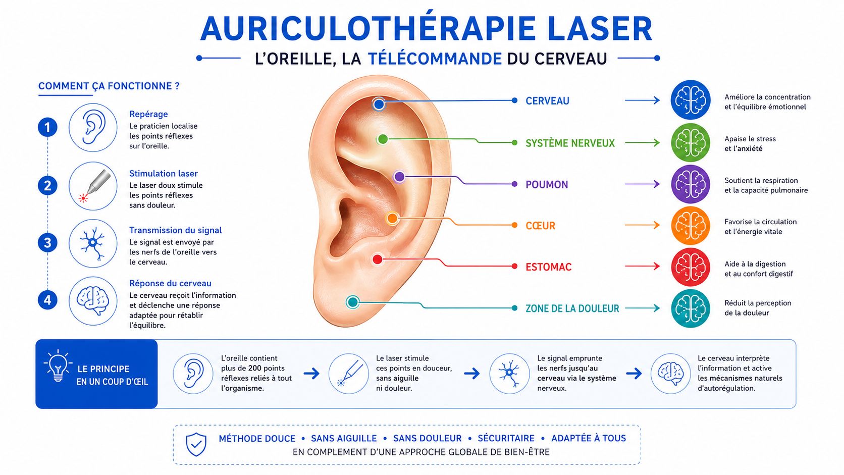 Infographie expliquant le fonctionnement de l'auriculothérapie laser et ses bienfaits sur différents organes et systèmes corporels.
