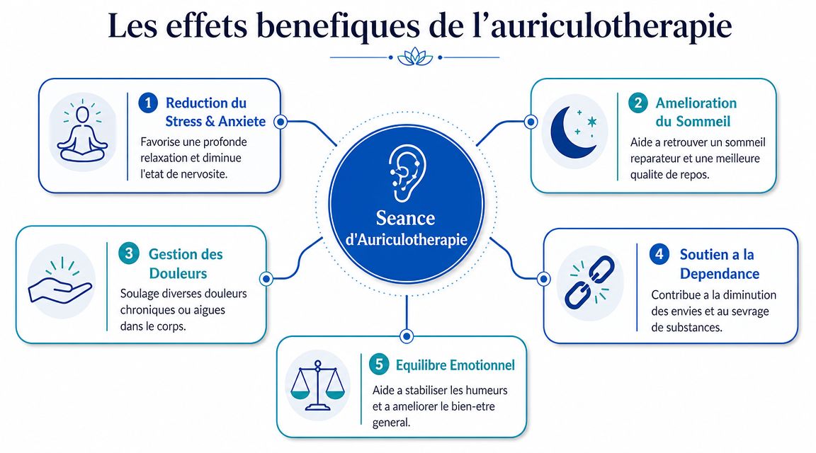 Infographie illustrant les cinq principaux bienfaits d'une séance d'auriculothérapie pour la santé et le bien-être.