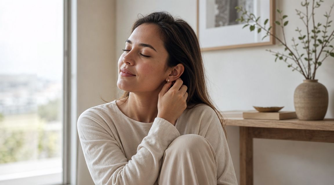 Une femme sereine touche doucement son oreille dans un intérieur apaisant, évoquant le bien-être après une séance.
