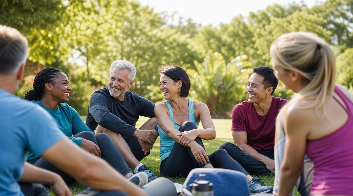 Un groupe diversifié de personnes souriantes assises sur l'herbe après une séance de sport en plein air.