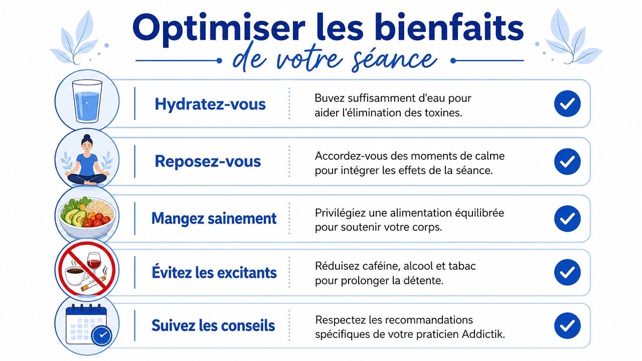 Une infographie montrant cinq conseils essentiels pour optimiser les effets bénéfiques après une séance de thérapie bien-être.