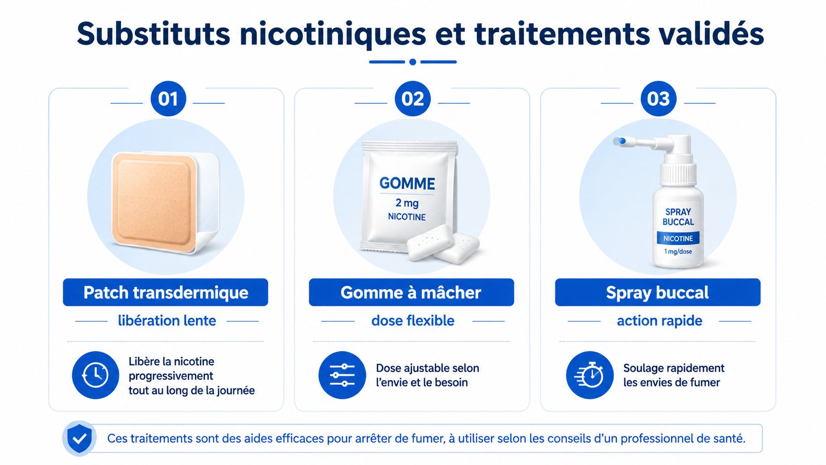 Infographie présentant trois types de substituts nicotiniques validés pour aider les fumeurs dans leur sevrage tabagique.
