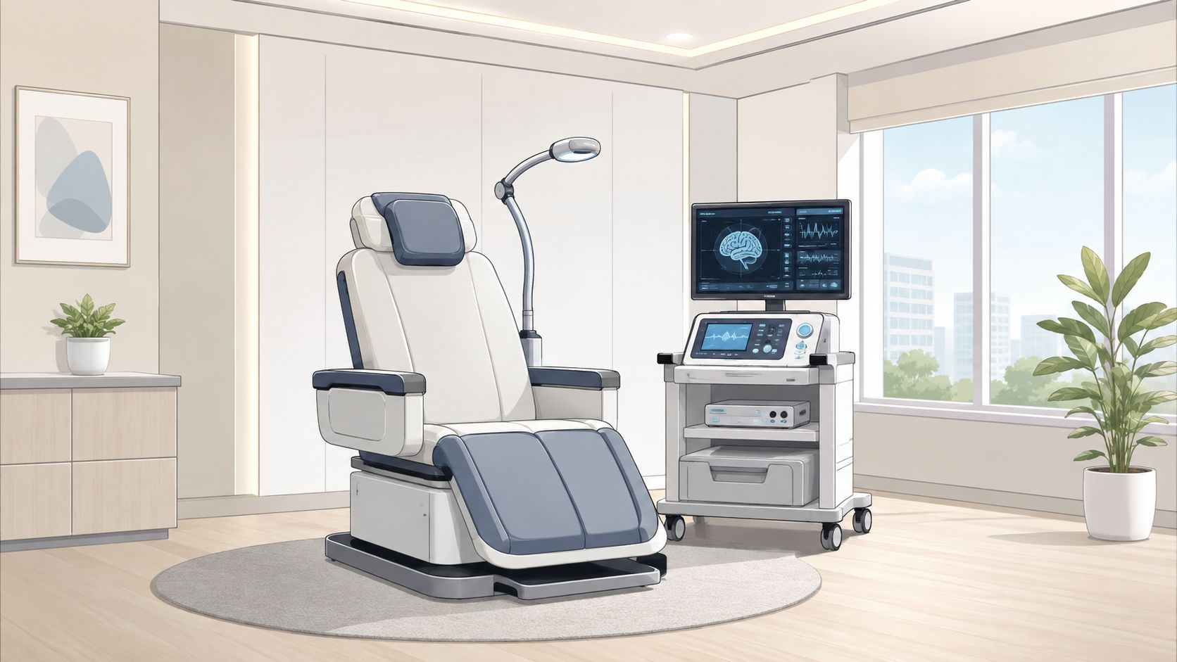Une chaise médicale moderne et un équipement d'imagerie cérébrale dans un cabinet médical lumineux et épuré.