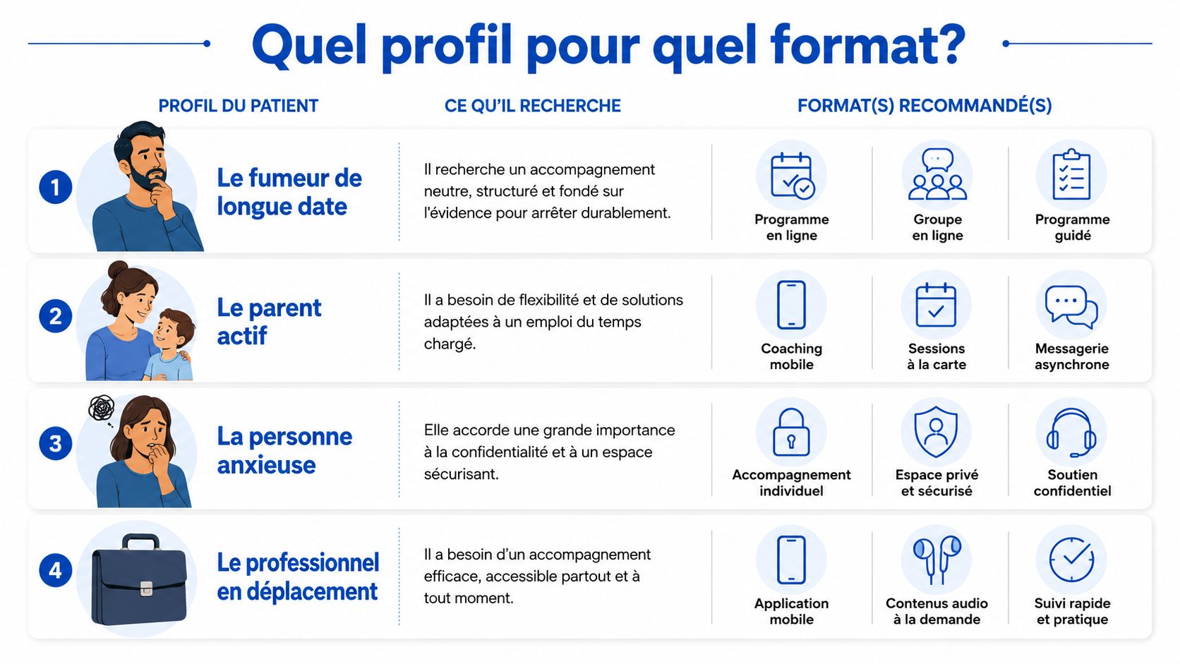 Tableau illustrant quatre profils de patients différents et les formats d'accompagnement recommandés pour arrêter de fumer.
