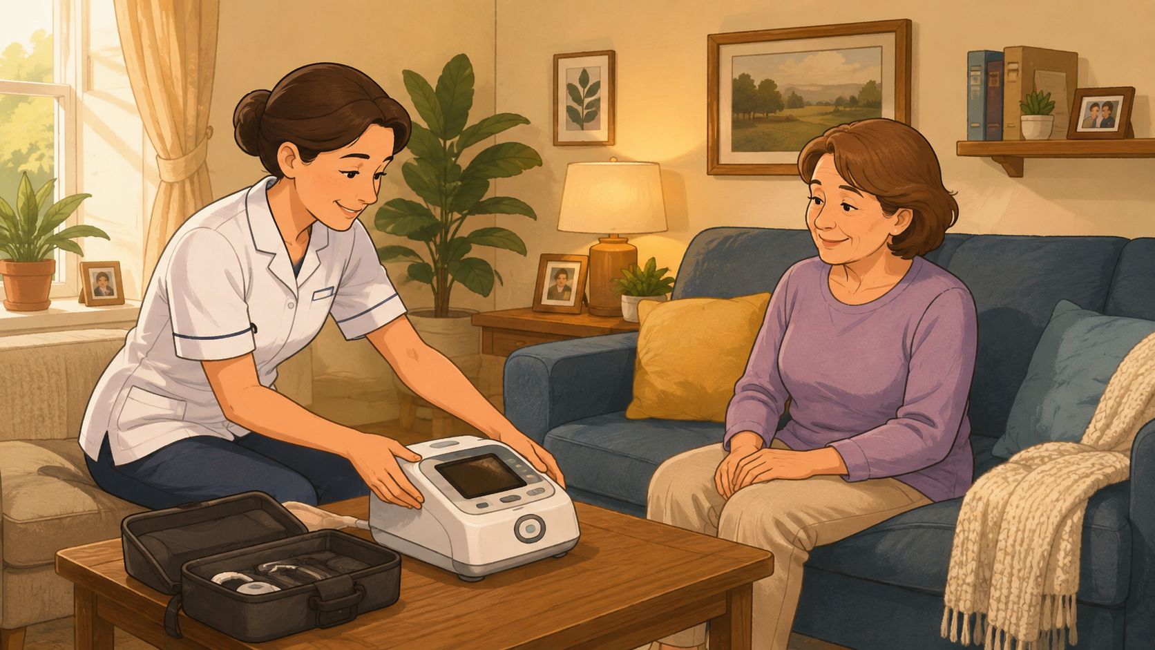 Une infirmière installe une machine de traitement médical pour une patiente âgée assise sur un canapé.